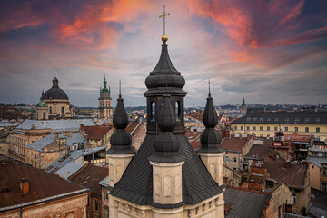 Panoramic aerial view on Lviv from drone