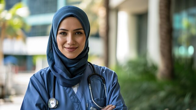 portrait of friendly, smiling confident muslim female nurse. Authentic Confident Middle Eastern Healthcare Worker. Middle age senior arab nurse woman wearing hijab over isolated background