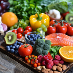 Colorful fresh fruit, vegetables, fish, nuts, heart-healthy food assortment, clean eating concept.