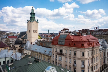 Naklejka na ściany i meble View on Latin Cathedral in Lviv, Ukraine from drone