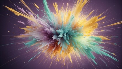 Vibrant abstract burst of yellow, purple, and teal particles exploding from the center on a dark violet background.