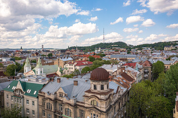 Fototapeta premium Panoramic aerial view on Lviv from drone