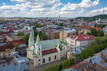 Panoramic aerial view on Lviv from drone