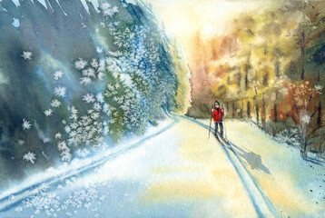 Beautiful winter landscape painted in watercolors on paper