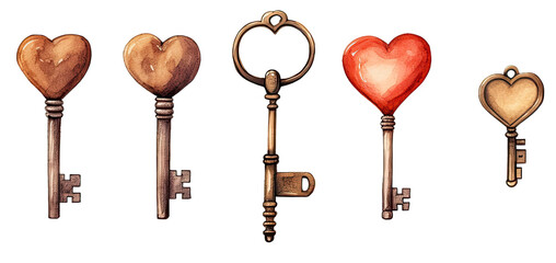 Collection of watercolor keys, Valentine's Day