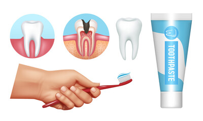 Dental clipart set. Tooth, toothpaste, hand with a toothbrush. Vector set.