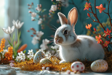 Happy Easter day , Bunny with easter egg elements and flower in nature