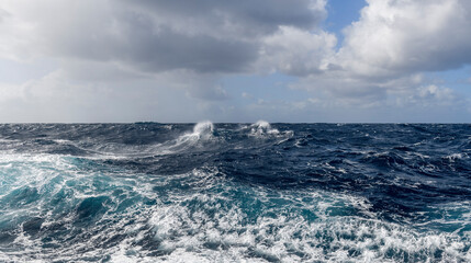 Beautiful seascape - waves and sky with clouds with beautiful lighting. Stormy sea, Bad weather. Gale. Rough sea. Beaufort scale 6.