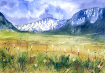 Beautiful landscape with snow-capped mountains and green meadow with flowers drawn in watercolor