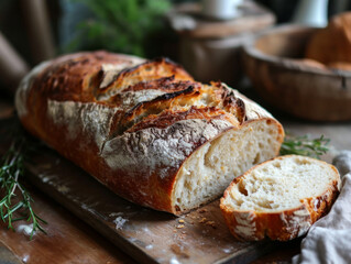 Artisan crusty bread on wooden cutting board, fresh bakery, gourmet sourdough loaf, kitchen setting with herbs.