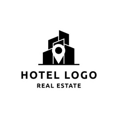 Hotel Logo. Hotel point logo vector. Pin icon with hotel symbol combination isolated on white background.
