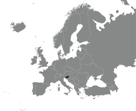 Black CMYK national map of SLOVENIA inside detailed gray blank political map of European continent on transparent background using Mercator projection