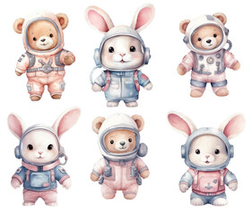 Collection of cute watercolor bears and rabbits astronauts