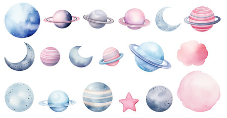 Collection of cute watercolor planets, pastel colors