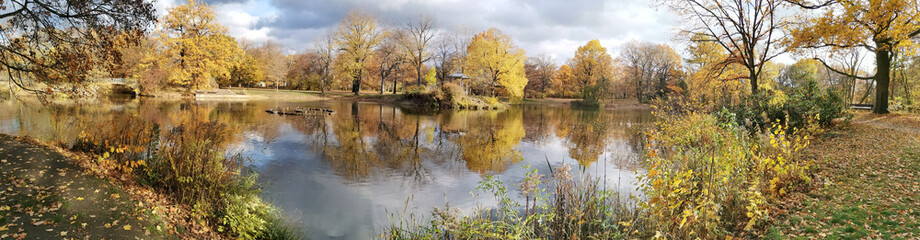 Fototapeta na wymiar European park and pond in autumn. Atmospheric nature panorama photo.