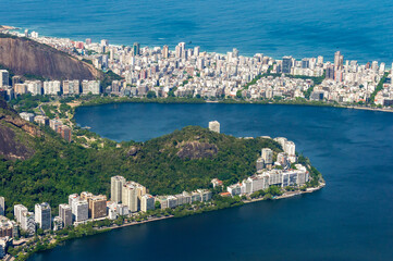 Aerial view of the city of Rodrigo de Freitas lagoon and Leblon in Rio de janeiro. Amazing and...