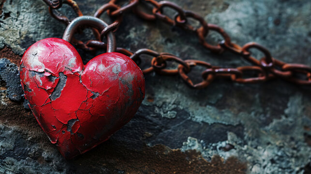 Weathered metallic red heart chained on rustic metal background, Valentine's Day Theme, AI Generative illustration.