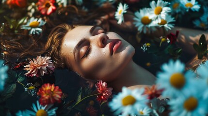 Concept of a beautiful woman immersed in a dream. Girl lies in the flowers