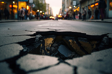 cracked street with a close-up of the hole - obrazy, fototapety, plakaty
