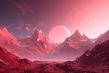 Surreal Crimson Mountainscape with Rising Moon on Alien Planet