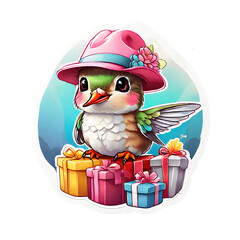 Sticker  watercolor cute cartoon hummingbird wearing a pink hat  with gift boxes. Transparent background.  