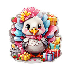Sticker  watercolor Cute cartoon turkey   with gift boxes. Transparent background.  