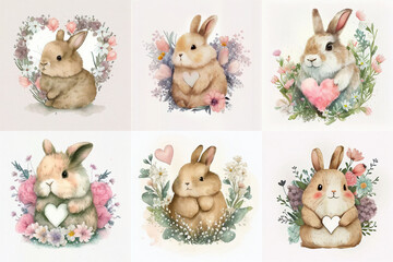 Collection of bunnies with hearts. Valentine's Day, watercolor illustration