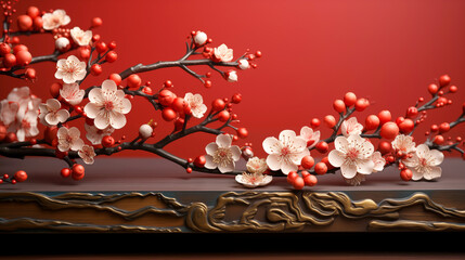 Chinese new year 2024 banner copy space background with oriental red and gold cherry blossoms or Sakura flowers on red background, Asian, Eastern concepts