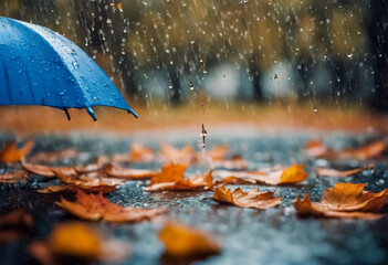  Pioggia d'Autunno- Atmosfera Magica di Gocce d'Acqua e un Ombrello Blu in una Composizione Affascinante