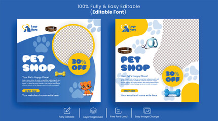 Pet shop, pet food, veterinary doctor social media post or square flyer,and Instagram website banner set for promotional pet care advertising