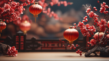 Chinese new year 2024 banner copy space background with oriental Chinese red lanterns and golden cheery blossoms on beautiful bokeh background