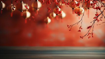 Chinese new year 2024 banner copy space background with oriental Chinese golden lanterns, ornaments and red Asian flowers on red background