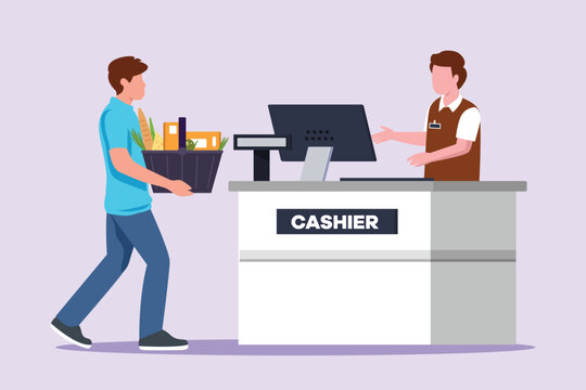 Customers paying at checkout and cashier counters concept. Colored flat vector illustration isolated.