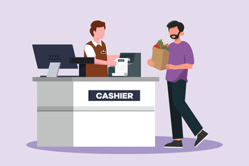 Customers paying at checkout and cashier counters concept. Colored flat vector illustration isolated.