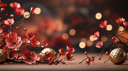 Chinese new year 2024 banner with oriental golden and red Asian cheery blossoms or Sakura flowers and golden ornaments on bokeh background
