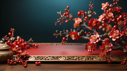 Chinese new year 2024 banner and frame, red Asian flowers on chinese style background, for lunar new year celebration greeting card design and copy space