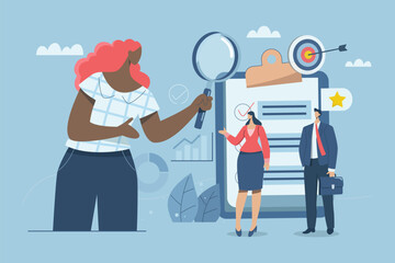 Selection of employees or personnel for the business team of the organization and teamwork development, Experts or personnel search for highly skilled personnel in work with magnifying glasses.