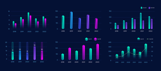 Colorful dark 3d bar chart with technological, Green and purple charts