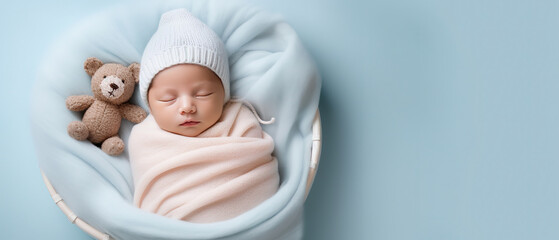 professional photography of Newborn baby boy sleep, on blue Baby bed, minimal modern design, with empty copy space - obrazy, fototapety, plakaty