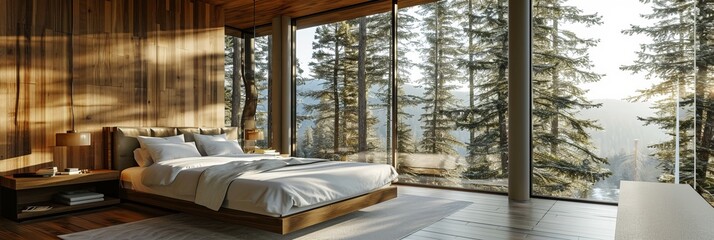 Modern bedroom with an elegant design with wooden accents. A picturesque view of the forest landscape. A combination of modern aesthetics and nature