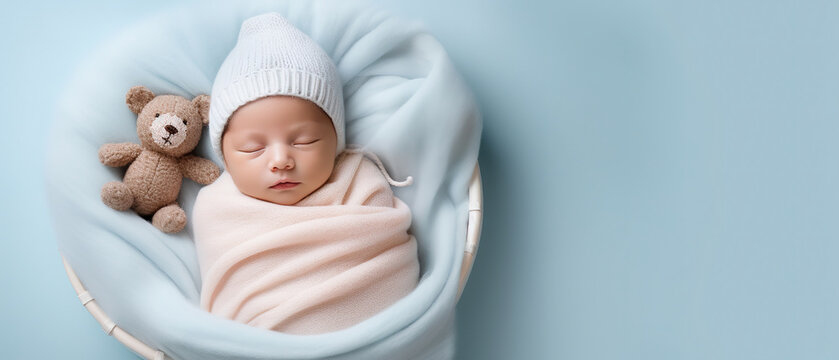 professional photography of Newborn baby boy sleep, on blue Baby bed, minimal modern design, with empty copy space