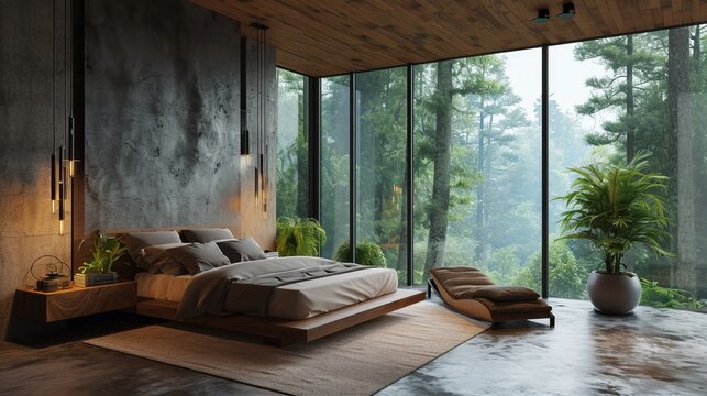 Modern bedroom with an elegant design with wooden accents. A picturesque view of the forest landscape. A combination of modern aesthetics and nature