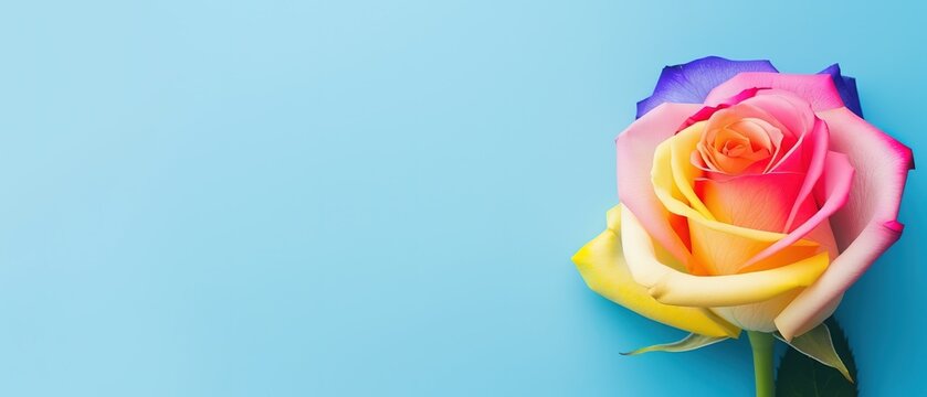 flat lay top view one beautiful rainbow rose flower on clean pink blue gradient background ,fashionable flower art photo design, Generative Ai