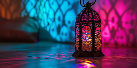 Arabische Laterne mit brennender pink farbener Kerze und schönem Hintergrund, Ramadan Islam Religion Nahaufnahme, ai generativ - obrazy, fototapety, plakaty