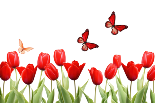 red tulips and butterflies isolated on white or transparent png background