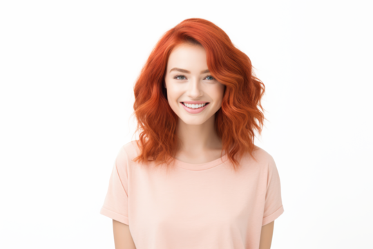 beautiful red head woman smiling, isolated on white or transparent png