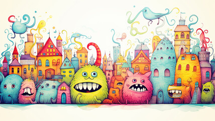 Obraz premium multicolored art illustration of a fabulous city of monsters, a cheerful street in a small multicolored town