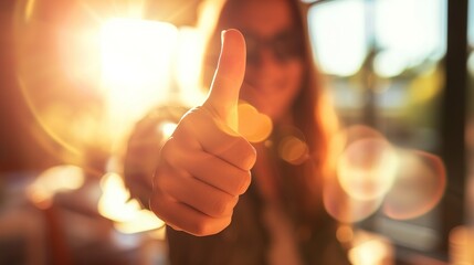 Thumbs up, blurred and working woman does agree by doing hand gesture to express she is happy. Employee likes and smiles about good news about reaching best professional career goal at work. 