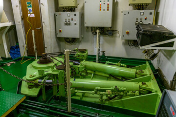 Steering gear. Rudder machine. Hydraulic pump. Marine engine. Steering room on big vessel.