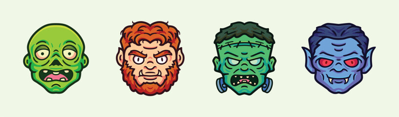 Scary halloween head pack collection cartoon character vector illustration